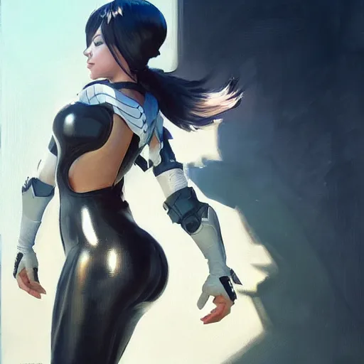 Image similar to greg manchess portrait painting of yorha type a no. 2 as tracy from overwatch, back shot, asymmetrical, profile picture, organic painting, sunny day, matte painting, bold shapes, hard edges, street art, trending on artstation, by huang guangjian and gil elvgren and sachin teng