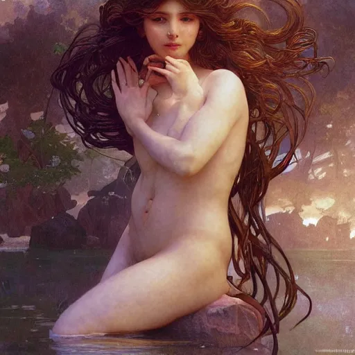 Prompt: portrait of mermaid goddess, intricate, elegant, highly detailed, digital painting, artstation, concept art, smooth, sharp focus, illustration, art by artgerm and greg rutkowski and alphonse mucha and william - adolphe bouguereau