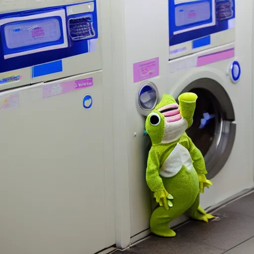 Image similar to plastic toy frog in a bunny suit cleaning up the laundromat, pastel colors