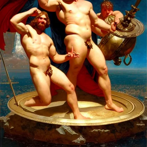 Image similar to down syndrome ares and hercules hit dabs in front of zeus the ruler of olympus, heavenly marble, ambrosia served on golden platters, painting by gaston bussiere, craig mullins, j. c. leyendecker, tom of finland