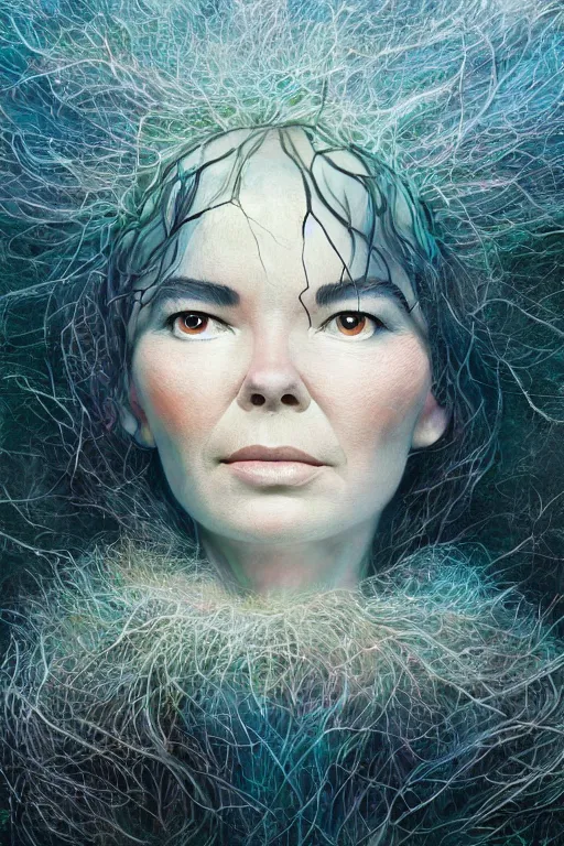 Image similar to beautiful bjork portrait in iceland by hubert robert and lee madgwick and roger dean and jacek yerka, dan mumford and alex grey style, soft lighting, 4 k hd wallpaper illustration concept joy atmospheric lighting