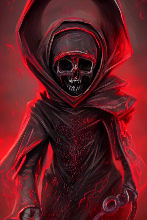 Prompt: A full body portrait of a mysterious character with a stylized skull with a very long hooded blood red and black cloak, tentacles coming out the ground art by Shaddy Safadi and Jason Chan, ominous, cosmic horror, trending on artstation, Ultra detailed, hyper realistic 4k