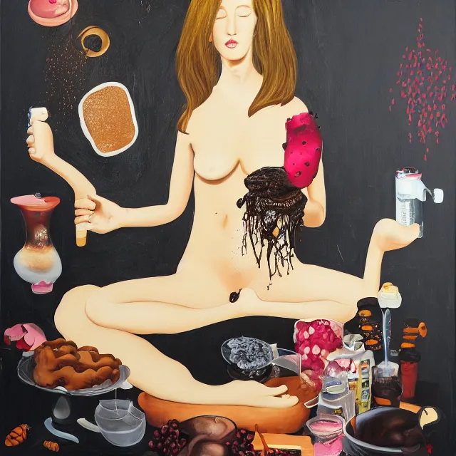 Prompt: sensual, a portrait in a female art student's bedroom, black walls, a woman sitting on a bed made of pancakes, honey dripping, berries dripping, chocolate, surgical supplies, ikebana, octopus, neo - expressionism, surrealism, acrylic and spray paint and oilstick on canvas