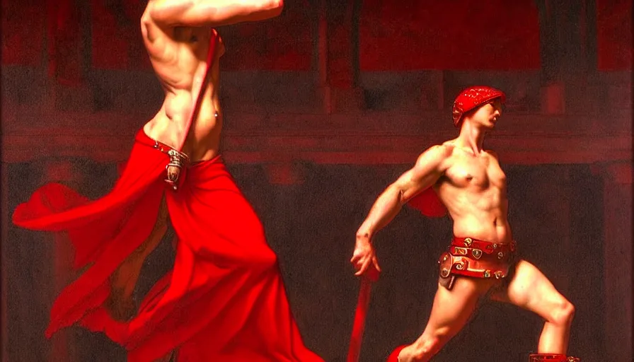 Image similar to only with red, a red gladiator in a crowded roman amphitheatre, crowd cheers him, in the style of rolf armstrong and ambrosius benson and edward hopper, intricate and epic composition, red by caravaggio, highly detailed, masterpiece, red light, artstation