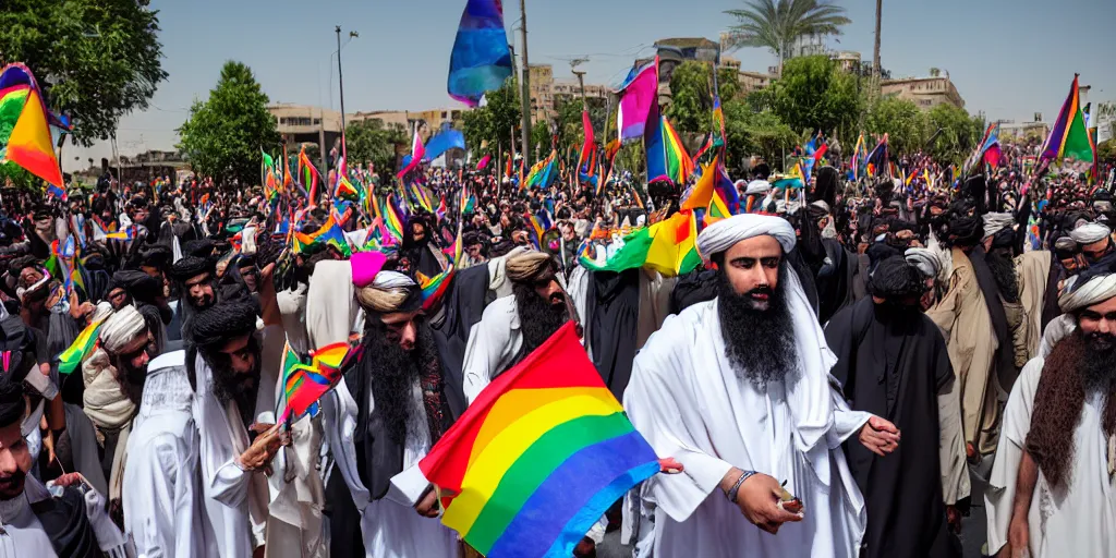 Prompt: Taliban street festival with DJ Osama Bin Laden & a parade of LGBTQ flags (professional photography)