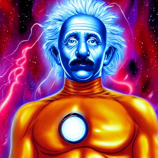 Image similar to a highly detailed digital painting of albert einstein as dr. manhattan from watchmen, comic book cover by mark bagley