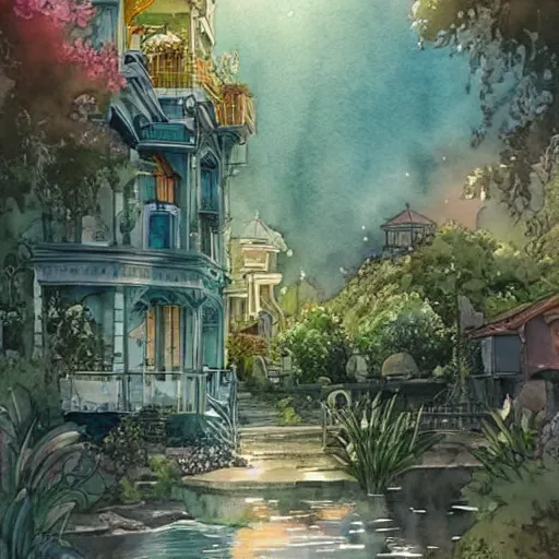 Image similar to Beautiful happy picturesque charming sci-fi town in harmony with nature. Beautiful light. Water and plants. Nice colour scheme, soft warm colour. Beautiful detailed watercolor by Lurid. (2022)