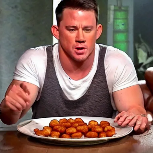 Image similar to channing tatum's face as tater tot on a plate with ketchup