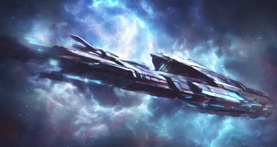 Image similar to a 35mm photo of a fast futuristic! space ship!! flying through a nebulae filled with cyberpunk space stations!, concept art, matte painting, contrasting color scheme,