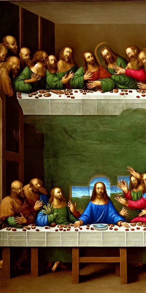 Prompt: the last supper with jesus, all the disciples are slimy green blobs, painted by leonardo da vinci