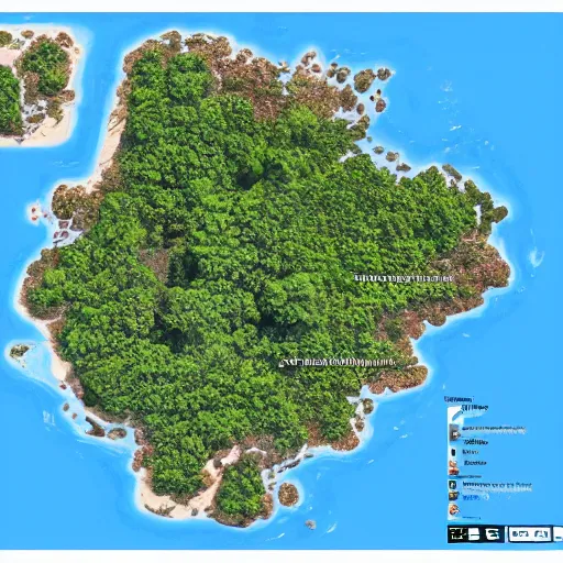 Image similar to detailed topdown map from google maps, of an island