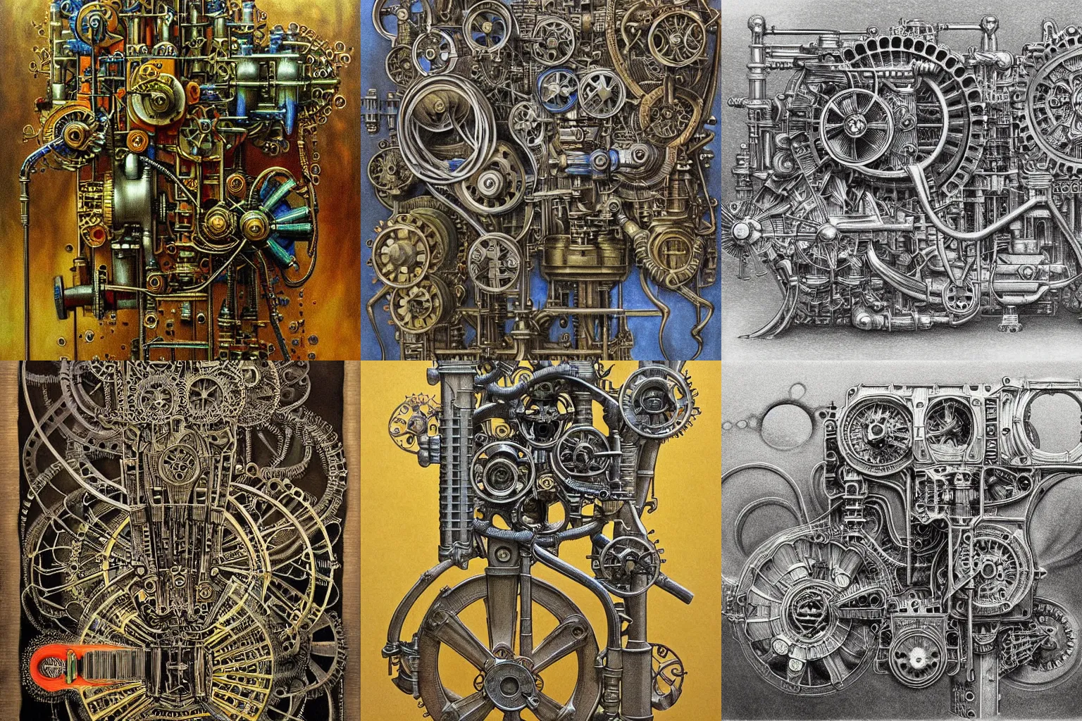 Prompt: a complicated water machine engine contraption with sprockets springs cranks cylinders hoses pistons, super detailed, high detail, hyper detailed, masterpiece, Beksinski, intricate abstract, detailed abstract, optical illusion, infinity, golden ratio, heavy cubism, cubists love it, color pencil, full color, bright colors, vivid colors, hyper detailed, ultra high resolution, artstation, Cycles4D, Created M.C. Escher and Picasso