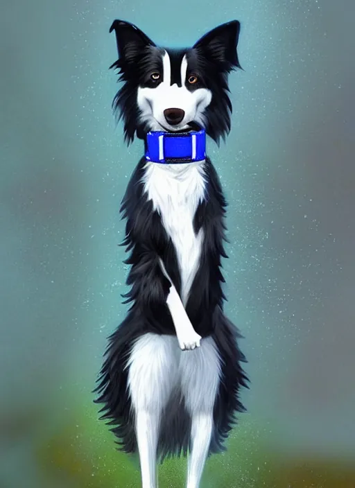 Image similar to full body digital painting of a cute male anthropomorphic border collie fursona wearing a blue dog collar and standing in the rain, furaffinity, intricate, elegant, beautiful, glamor pose, realistic proportions, highly detailed, scenic background, trending on artstation, art by charlie bowater and henry asencio and and ross tran