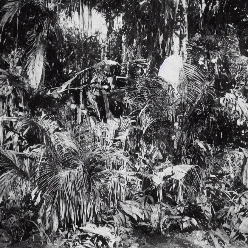 Image similar to a rizom lost film footage of a sacred ( ( ( ( ( ( ( indigenous ) ) ) ) ) ) ) artifact in the middle of the ( ( ( ( ( ( ( ( ( ( tropical jungle ) ) ) ) ) ) ) ) ) ) / ethnographic object / film still / cinematic / enhanced / 1 9 0 0 s / black and white / grain