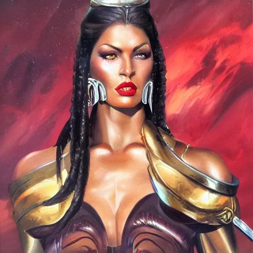 Image similar to detailed oil painting of tall hyper - muscular shining bronze - skinned warrior woman with silver eyes, with large sword, full body, with long wavy flowing black hair and big gold earrings, jewelry, red lipstick, makeup, feminine, volumetric lighting, dynamic composition, art by boris vallejo, scifi, concept art