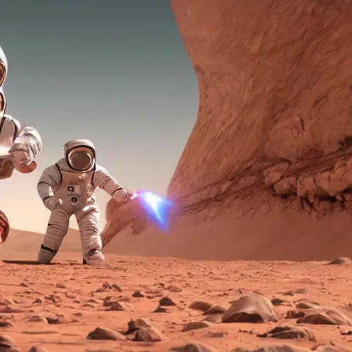 Image similar to 👩🚀 astronauts playing tug of war on mars. photorealistic unreal engine highly detailed.