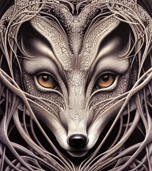 Image similar to detailed realistic beautiful fox goddess face portrait by jean delville, gustave dore, iris van herpen and marco mazzoni, art forms of nature by ernst haeckel, art nouveau, symbolist, visionary, gothic, neo - gothic, pre - raphaelite, fractal lace, intricate alien botanicals, ai biodiversity, surreality, hyperdetailed ultrasharp octane render