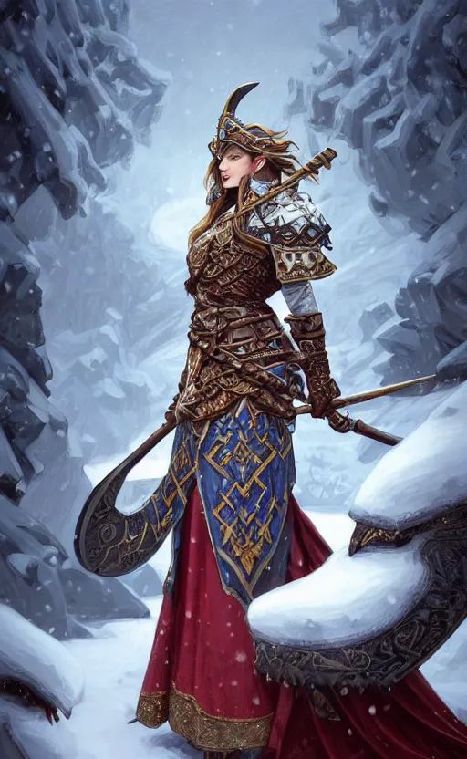 Image similar to azure viking warrior, regal, elegant, winter, snow, beautiful, stunning, hd, illustration, epic, d & d, fantasy, intricate, elegant, highly detailed, wide angle, digital painting, artstation, concept art, smooth, sharp focus, illustration, wallpaper, art by artgerm and greg rutkowski and alphonse mucha and jin xiaodi