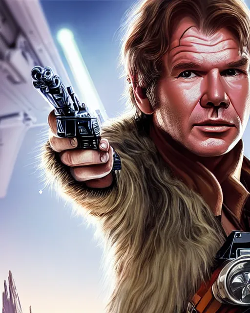 Image similar to portrait of han solo on the millennium falcon, harrison ford,, star wars, gta v, hyper realistic, ambient lighting, concept art, intricate, hyper detailed, smooth, action, volumetric lighting, george lucas, arney fretag, ralph mcquarrie, octane