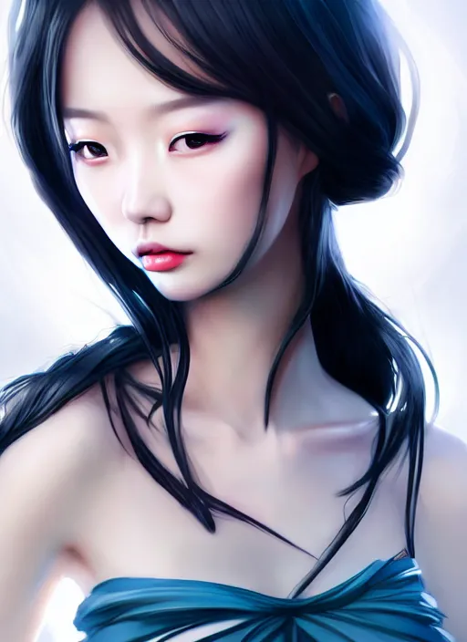 Image similar to beautiful fashion chinese girl like animation, strapless dress, character portrait in the style of thomas river and artgerm, wlop, cinematic lighting, hyperdetailed, 8 k realistic, symmetrical, global illumination, radiant light, halo, love and mercy, frostbite 3 engine, cryengine, dof, trending on artstation, digital art, chanel