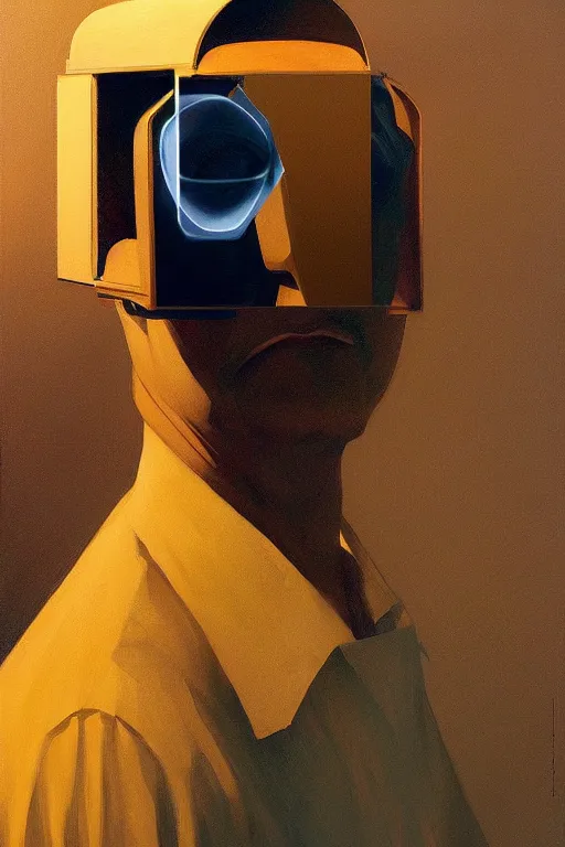 Image similar to satoshi nakamoto wearing oculus and bitcoin over his head edward hopper and james gilleard, zdzislaw beksisnski, higly detailed