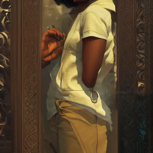 Image similar to A black woman living it large as a grand theft auto 5 loading screen, close shot, gorgeous, beautiful, intricate, highly detailed, digital painting, artstation, oppressive lighting, concept art, sharp focus, illustration, art by greg rutkowski and alphonse mucha