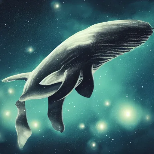 Prompt: portrait of space whale swimming on a dark night sky in space, flying across the universe, galaxies, oniric, dreamy, beautiful, highly detailed, realistic, cinematic, dynamic composition