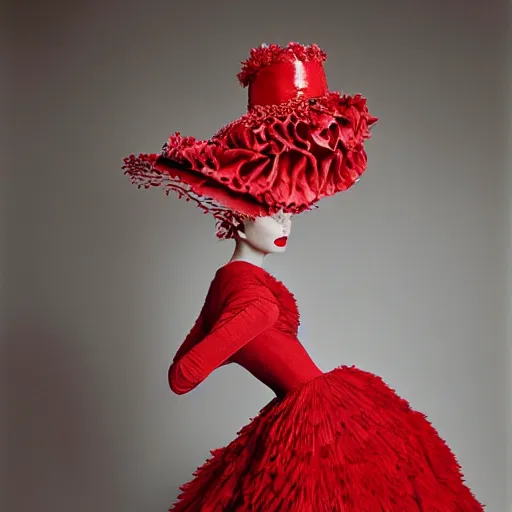 Prompt: Editorial photograph of a red Valentino Haute Couture dress and hat, photographed by Tim Walker