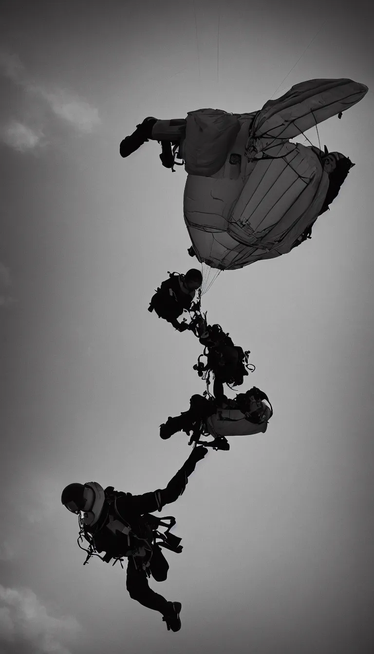 Image similar to high definition famous art of a single man going into dark space by parachute, view of 24 mm lens, highly detailed