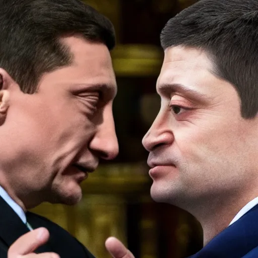 Image similar to Vladimir Putin kissing Zelensky ultra realistic