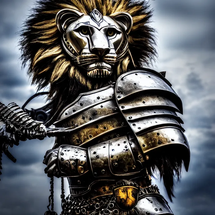 Image similar to photo of a warrior with metal lion themed armour, highly detailed, 4 k, hdr, smooth, sharp focus, high resolution, award - winning photo