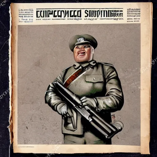 Image similar to soviet newspaper with photo of shrek as soviet sniper of red army, with rifle, ww 2, portrait