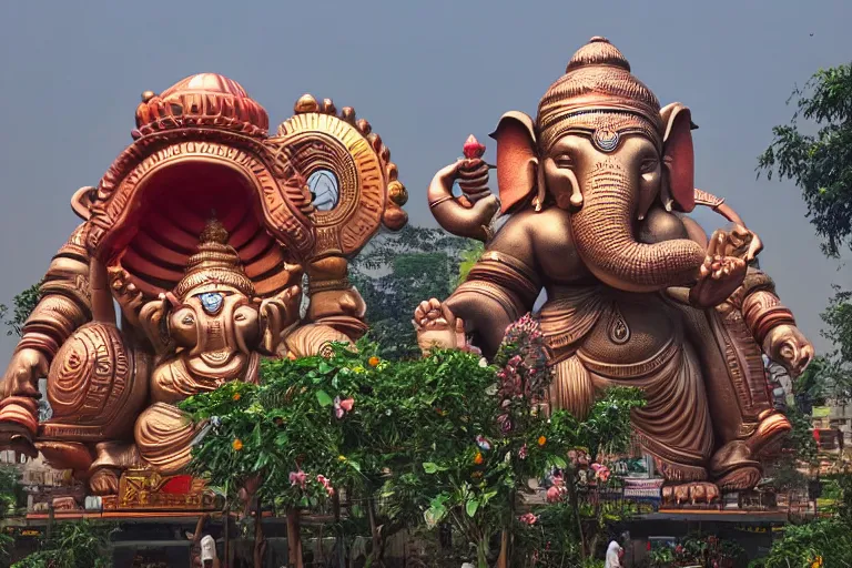 Image similar to magnificent futuristic new delhi, sharp biophilic ganesha!! building, kalighat flowers, highly detailed, stephen shore & john j. park, cinematic light, wide shot, ground angle, uhd 8 k, sharp focus