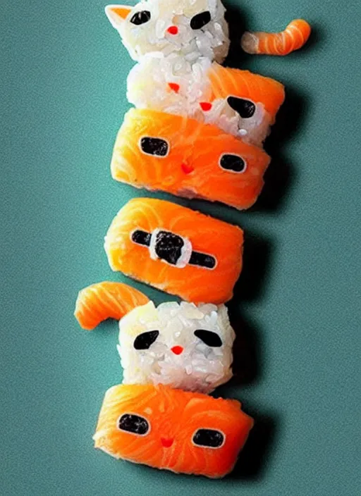 Image similar to clear photorealistic picture of adorable cats made out of sushi