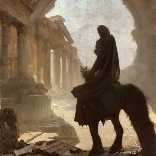 Image similar to half portait of magican wearing a cowl with big old book!, jeremy mann, jean leon gerome, tiepolo, alphonse mucha, greg rutkowski, face in the shadows, ( ( ruins of ancient rome ) ), at dusk, mysterious atmosphere, sunrays, dof, masterpiece, high detailed, 8 k