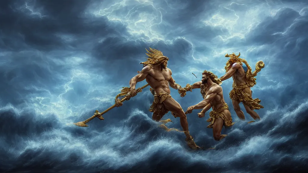 Prompt: Character concept art, Digital Paint, Zeus fighting Poseidon, Character Design, Digital Art, Gold Light, Blue Mist, Divine, Sky, 8K, insanely detailed and intricate, ornate, hyper realistic, super detailed, Cloudy background, Trending on Artstation, in the style of James Jean