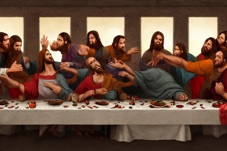 Image similar to the last supper with a whole roasted pig on the table, WLOP, concept art, digital painting, trending on artstation, highly detailed, 8k UHD, artgerm