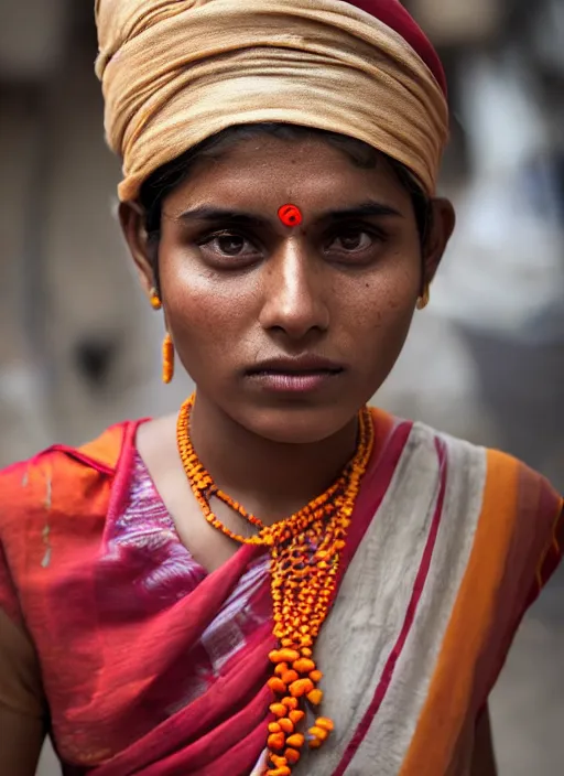 Image similar to Mid-shot portrait of a beautiful 20-year-old woman from India in her traditional get-up, candid street portrait in the style of Martin Schoeller award winning, Sony a7R