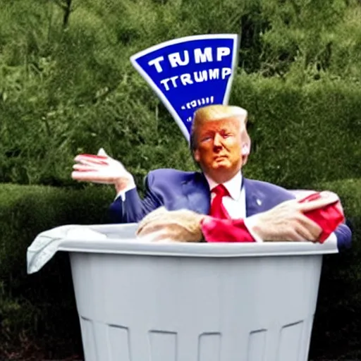 Prompt: trump hiding in a trash can, the lid slightly open