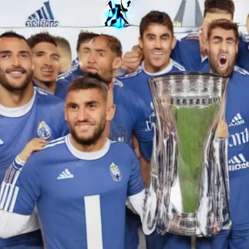 Image similar to real madrid fc team lifting a fax as a throphy
