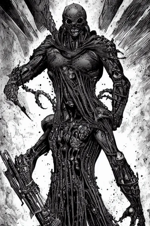 Prompt: A full body portrait of a new antihero character art by Marc Silvestri, Cedric Peyravernay and H.R. Giger, ominous, mysterious,