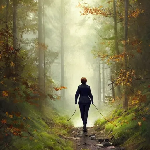 Image similar to supreme court justice elena kagan going for a walk in the woods, digital art by ruan jia and mandy jurgens and artgerm, highly detailed, trending on artstation, award winning