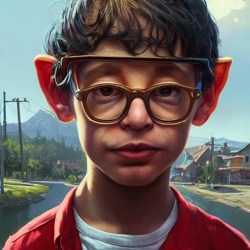 Image similar to highly detailed portrait kid milhouse from the simpsons, in gta v, stephen bliss, unreal engine, fantasy art by greg rutkowski, loish, rhads, ferdinand knab, makoto shinkai and lois van baarle, ilya kuvshinov, rossdraws, tom bagshaw, global illumination, radiant light, detailed and intricate environment