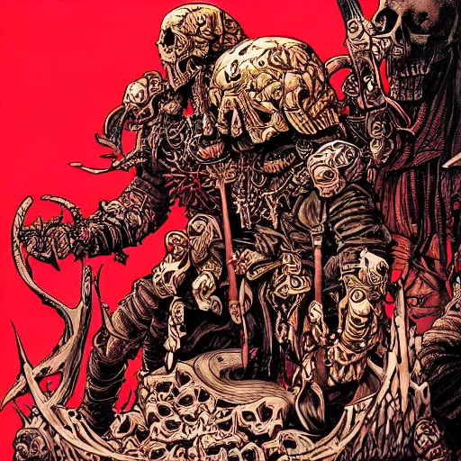 Image similar to blood for the bloodgod, skulls for the skullthrone, colored ink, moebius illustration art, key art