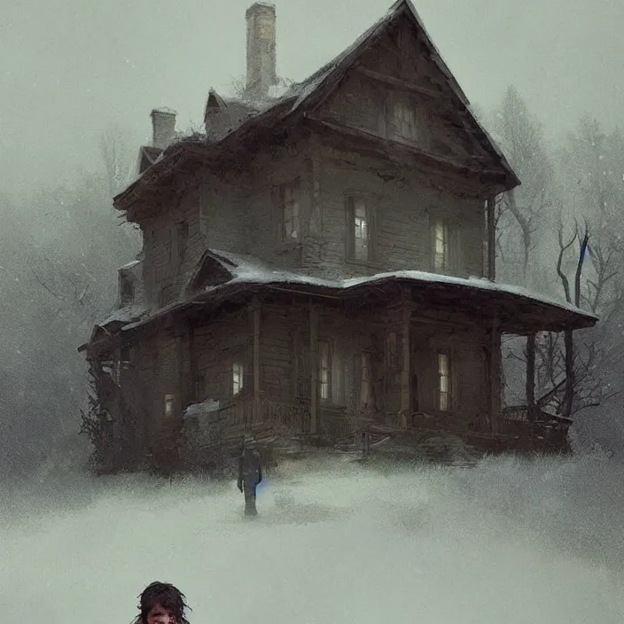 Prompt: the house on the hill, illustrated by greg rutkowski funereal gloomy mournful muted dreary tired shadowy harrowing photorealistic award - winning art detailed unreal engine