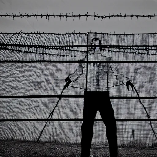 Prompt: a man in front of a high wire fence, minimalist, dystopian art