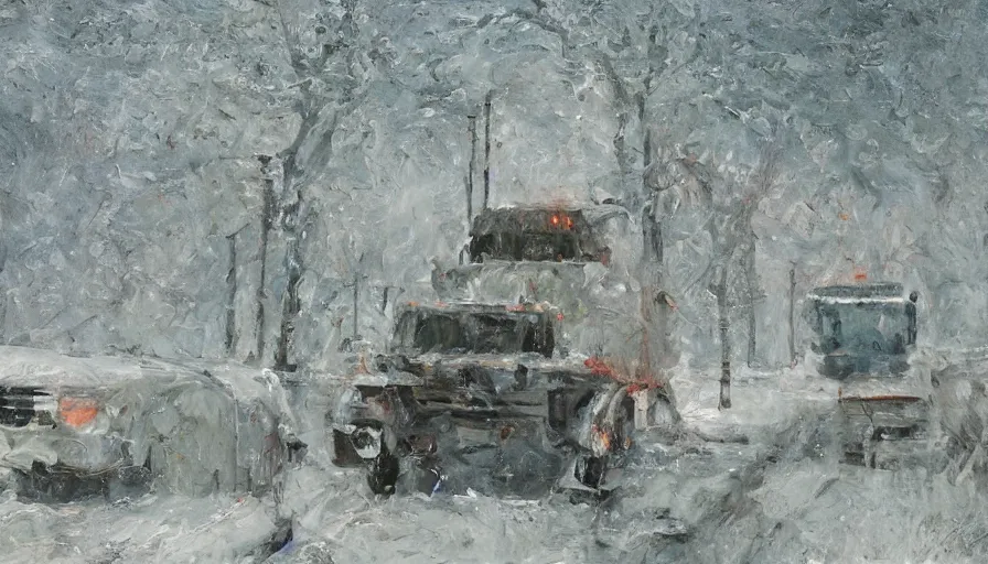 Image similar to Heavy Snow falls on a Snowplow parked in a winter landscape, a blizzard and thick snow, mist and fog, concept art, highly detailed