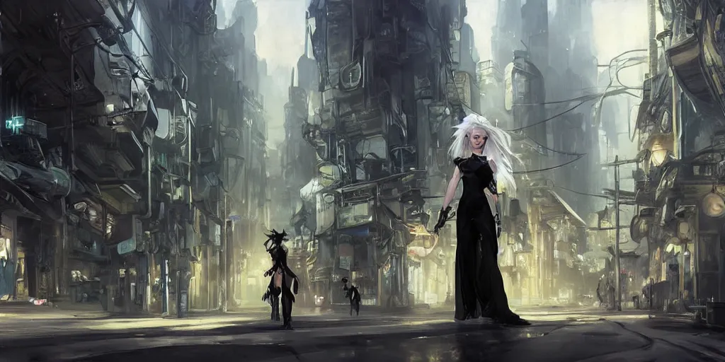 Prompt: beautiful concept art of lunar cyberpunk city showing a beautiful ciri with long platinum blonde hair in the distance, two - side up and cat ears standing in a black gothic frilly dress in the distant, jodhpurs greg manchess painting by sargent and leyendecker, studio ghibli fantasy close - asymmetrical intricate elegant matte painting illustration hearthstone, by greg rutkowski