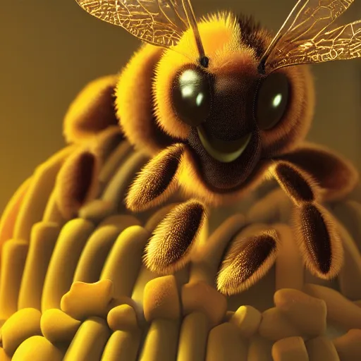 Image similar to Fuzzy cute honey bee, Octane render, hyperdetailed, Golden hour