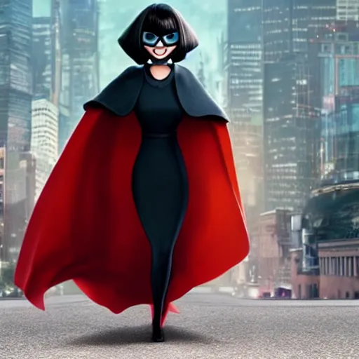 Prompt: a still of angry Edna Mode wearing a cape, Pixar (2018)